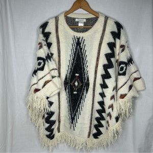 Francesca’s Johanna Printed Eyelash Poncho Southwestern Fringe Trim One Size